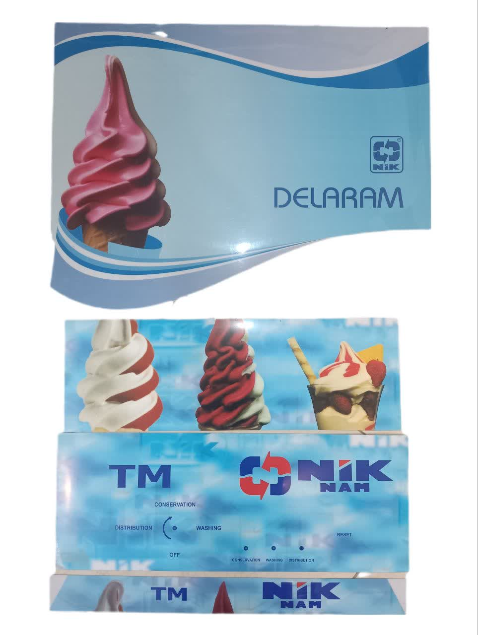 برچسب بدنه دستگاه بستنی قیفی | لیبل چاپی تزئینی و راهنمای عملکرد شیرها | مناسب دستگاه‌های شمس، البرز و براس | فروشگاه صدر اسپادانا